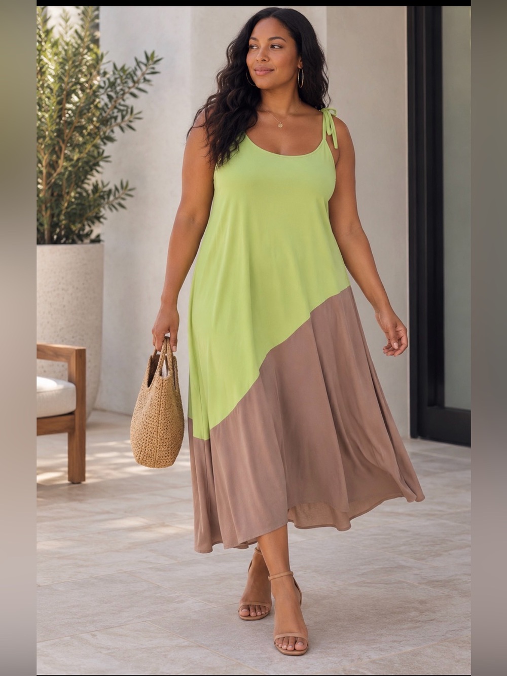 ASOS Lime Green and Taupe Long-Sleeve Colorblock Dress